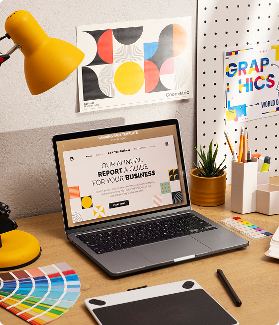 Product Designer Workspace with laptop, color swatches, and design tools